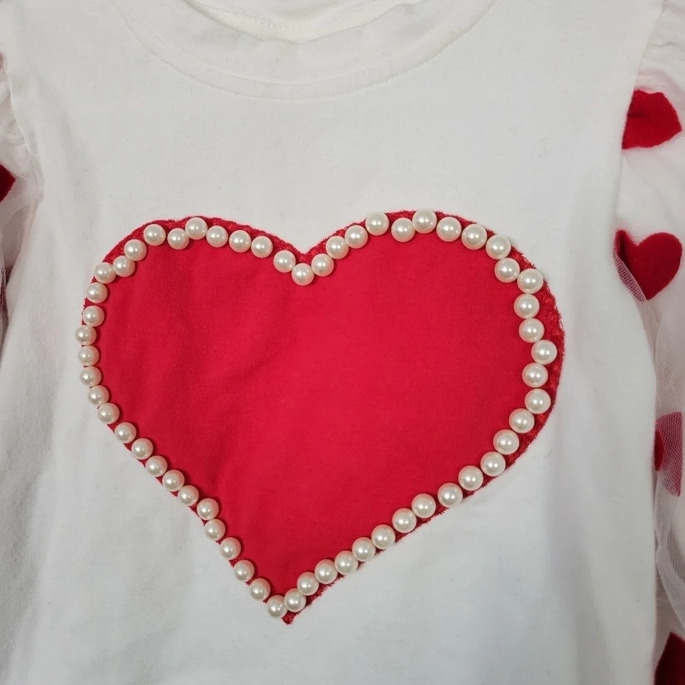 Little Girls White Long Sleeve Shirt Red Heart Velvet Pearl's Tulle Statement 3T